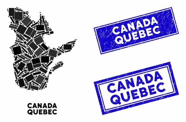 Mosaik Quebec Provinz Karte und Seenot Rechteck-Marken — Stockvektor