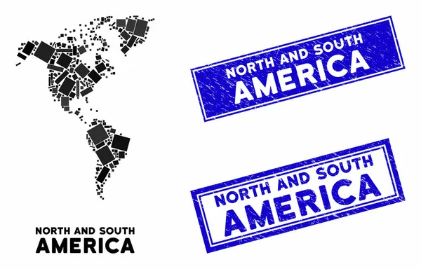 Mosaico Sud e Nord America Mappa e Grunge Rettangolo Francobolli Guarnizioni — Vettoriale Stock