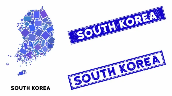 Mapa da Coreia do Sul mosaico e retângulo riscado Marcas d 'água —  Vetores de Stock