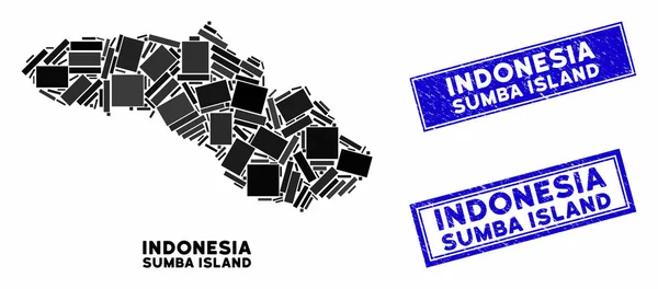 Mosaik Peta Pulau Sumba dan Distress Perangko Panjang - Stok Vektor