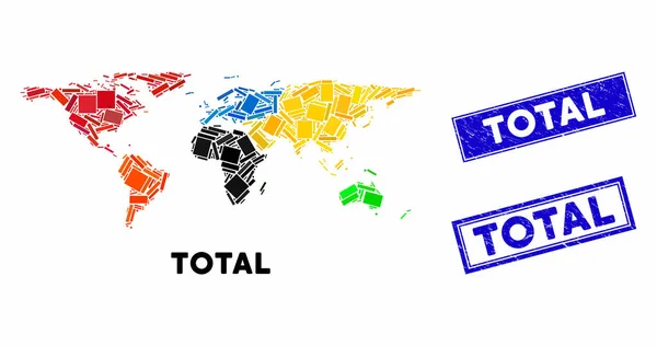 Mappa del mondo del mosaico e francobolli rettangolo graffiati — Vettoriale Stock