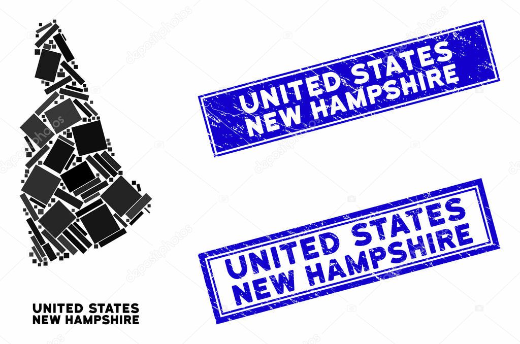 Mosaic New Hampshire State Map and Scratched Rectangle Stamps