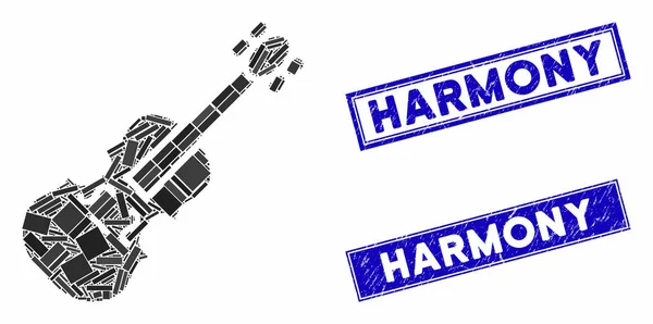 Geigen-Mosaik und Grunge-Rechteck-Harmonie besiegeln — Stockvektor