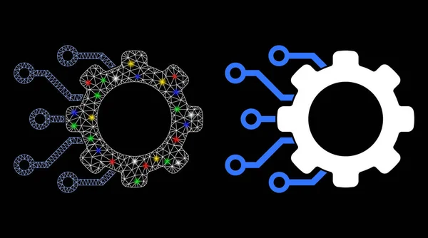 Bright Mesh Network Digital Gearwheel Icon with Light Spots — Stockový vektor