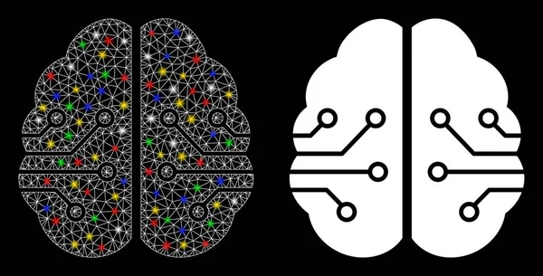 Icône de cerveau électronique 2D de maille arrondie avec des taches arrondies — Image vectorielle