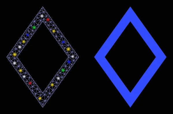 Glödande Mesh Network Contour Rhombus ikonen med ljus fläckar — Stock vektor