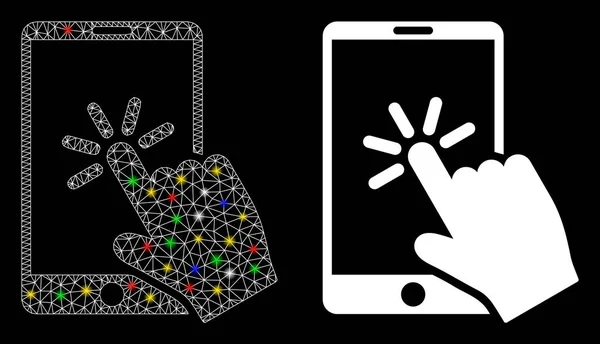 Marco de alambre de malla de llamarada Haga clic en el icono del teléfono inteligente con puntos de llamarada — Archivo Imágenes Vectoriales