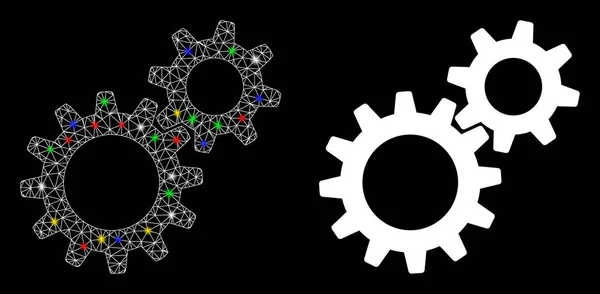 Icono de engranajes de reducción de marco de alambre de malla brillante con puntos de llamarada — Archivo Imágenes Vectoriales