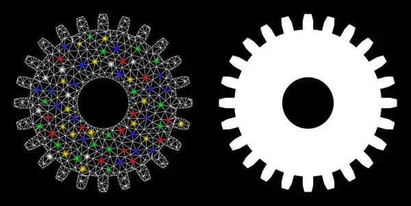 Icono de Cogwheel de marco de alambre de malla brillante con puntos de inflamación — Archivo Imágenes Vectoriales