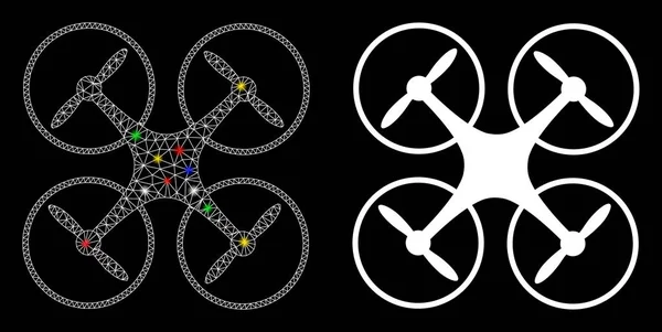 Icona quadricottero 2D a maglia luminosa con punti flash — Vettoriale Stock