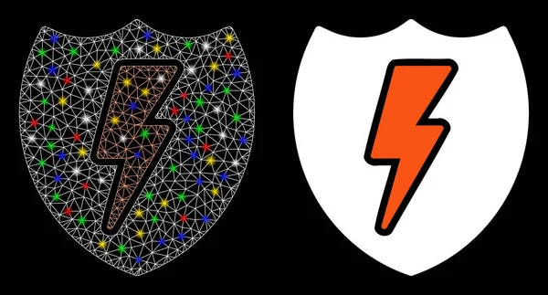 Icono brillante del escudo de poder del marco de alambre de malla con puntos de luz — Archivo Imágenes Vectoriales