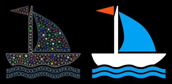 Red de malla brillante icono del barco con puntos de llamarada — Vector de stock