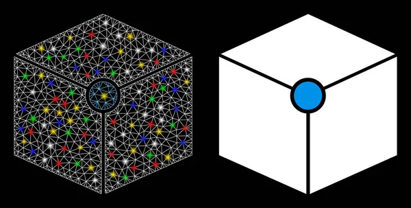 Icona a forma di cubo 2D a rete flare con macchie di brillamento — Vettoriale Stock