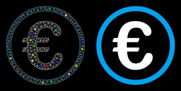 Glowing Mesh Network Euro Coin Icon with Light Spots — Stock Vector