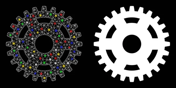 Plasă strălucitoare cadru de sârmă Pinion Icon cu pete flash — Vector de stoc