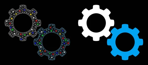 Hochglanz-Mesh-Karkasse mechanisches Getriebe-Symbol mit Blitzflecken — Stockvektor