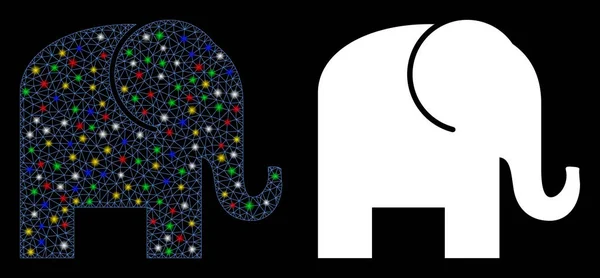 Red de malla brillante Elefante icono con puntos de llamarada — Vector de stock