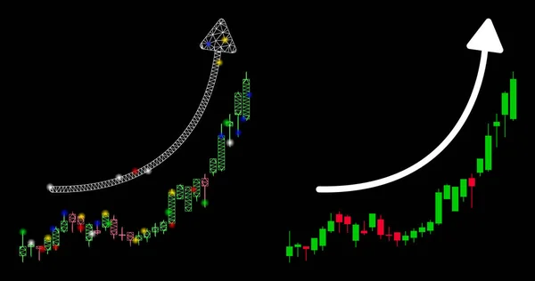 Bright Mesh Carcass Candlestick Διάγραμμα Ανάπτυξης Trend Εικονίδιο με φωτεινά στίγματα — Διανυσματικό Αρχείο