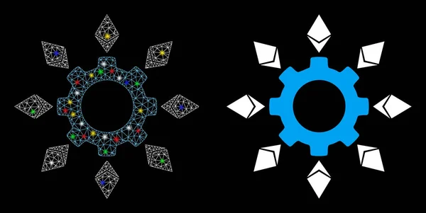 Ícone de engrenagem de configuração 2D Ethereum Flare Mesh com pontos de inflamação — Vetor de Stock