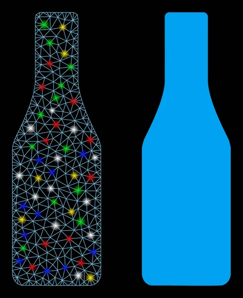 Flare Mesh Netzwerk Bierflaschen-Symbol mit Flare Spots — Stockvektor