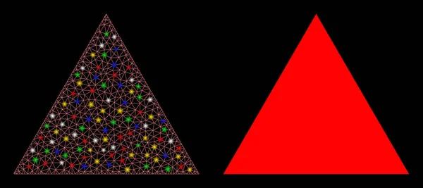 Glossy Mesh Network Fylld triangel ikon med ljus fläckar — Stock vektor