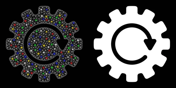 Ícone de rotação de roda de engrenagem de armação de arame de malha brilhante com pontos de luz —  Vetores de Stock