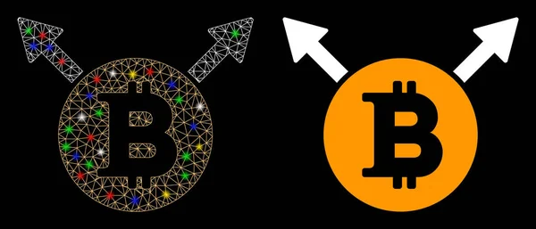 Icono de horquilla de malla 2D Bitcoin con puntos de llamarada — Vector de stock