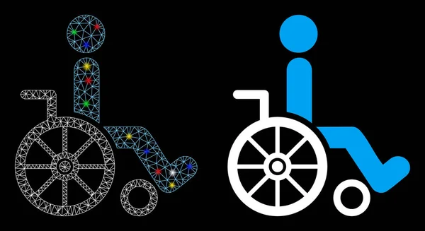 Glanzend mesh karkas rolstoel pictogram met lichte vlekken — Stockvector
