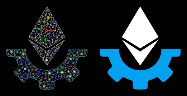 Świecąca siatka Ethereum Industry Gear Icon z lampami błyskowymi — Wektor stockowy