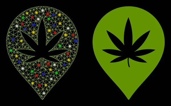 Ícone de marcador de mapa de Cannabis de carcaça de malha brilhante com manchas de chama — Vetor de Stock