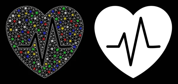 Icône de pouls cardiaque de cadre de fil de treillis lumineux avec des taches de lumière — Image vectorielle