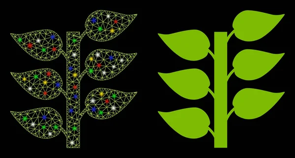 Icône de plante de cadre de fil de treillis lumineux avec des taches éclair — Image vectorielle