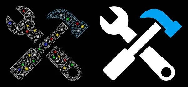 Helles Netz Netzwerk Hammer und Schraubenschlüssel Symbol mit hellen Flecken — Stockvektor