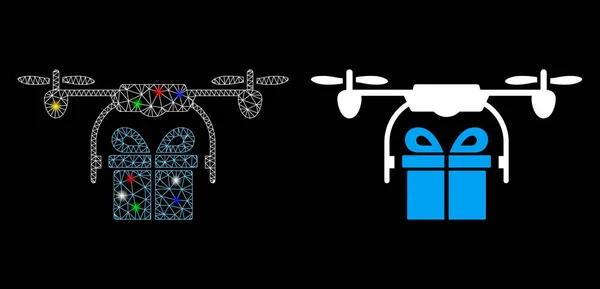 Flare Mesh Wire ram drönare gåva leverans ikonen med flare fläckar — Stock vektor