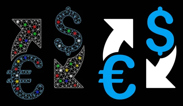Réseau Flare Mesh Euro Dollar Exchange Icône avec des taches de fusée éclairante — Image vectorielle