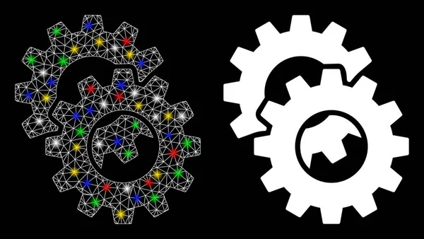 Flare Mesh Carcass Gears Icon cu pete de flacără — Vector de stoc