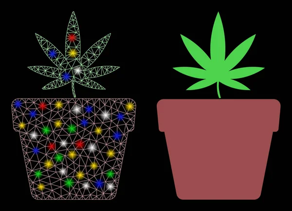 Red de malla brillante Cannabis Pot Icono con puntos de llamarada — Vector de stock