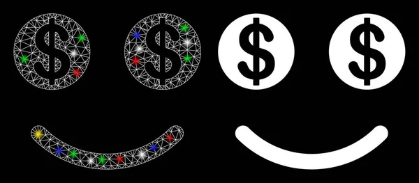 Ícone do sorriso do dólar da sorte da sorte 2D da malha da chama com pontos da chama — Vetor de Stock