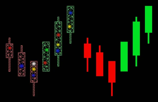 Ícone de gráfico de castiçal de carcaça de malha brilhante com pontos flash — Vetor de Stock