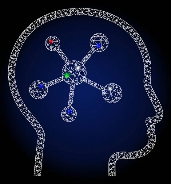 Cerveau de tête 2D en maille incandescente avec taches de fusée éclairante — Image vectorielle