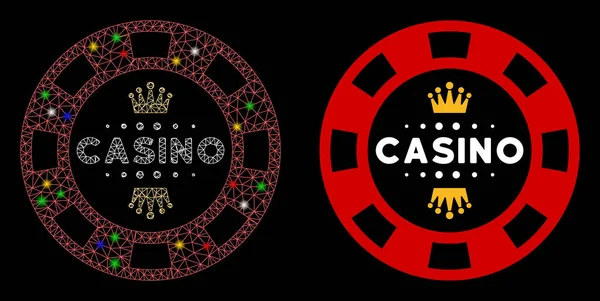 Marco de alambre de malla de llamarada Royal Casino Chip Icono con puntos de llamarada — Vector de stock