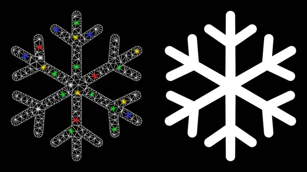 Red de malla de llamarada Icono de copo de nieve con puntos de llamarada — Archivo Imágenes Vectoriales