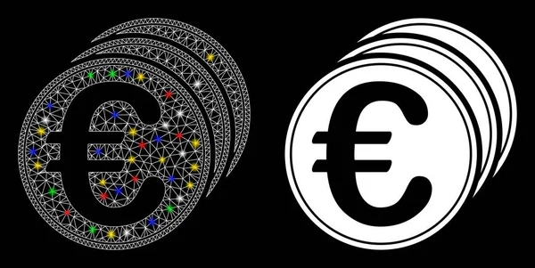 Flare Mesh Carcass Euro Coins Icon with Flare Spots — Stock Vector