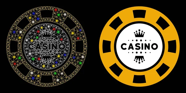 Glowing Mesh 2D Royal Casino Chip icono con puntos de llamarada — Vector de stock