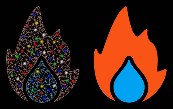 Flare Mesh Wire Frame Fire and Water Drop Icon with Flare Spots — 스톡 벡터