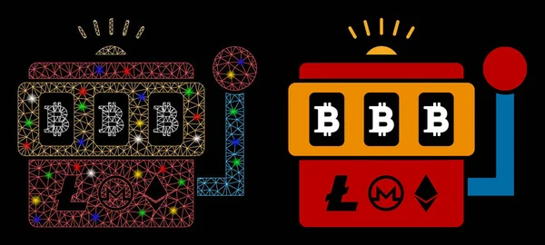 Flare Mesh 2D Bitcoin máquina de juego icono con puntos de llamarada — Vector de stock