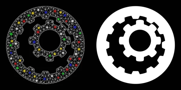 Glowing Mesh Network Icono de engranajes internos con puntos de llamarada — Archivo Imágenes Vectoriales