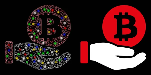 Flare Mesh Carcass Bitcoin Coin Payment Hand Icon with Flare Spots — 图库矢量图片