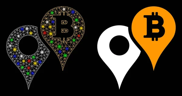 Carcasa de malla brillante Mapa Bitcoin Marcadores Icono con puntos de luz — Vector de stock