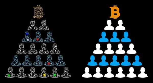 Icono brillante de la pirámide de Bitcoin Ponzi de la malla 2D con las manchas de luz — Vector de stock